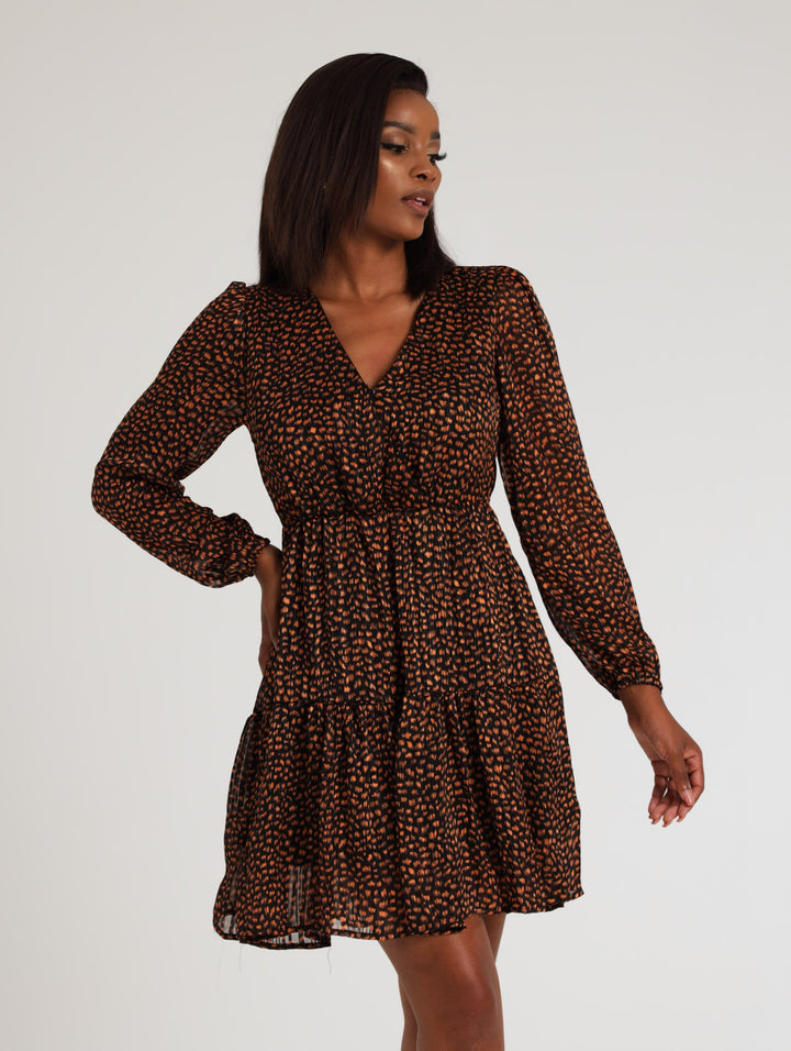 Ladies Wrap Waisted Tiered Tea Dress - Black