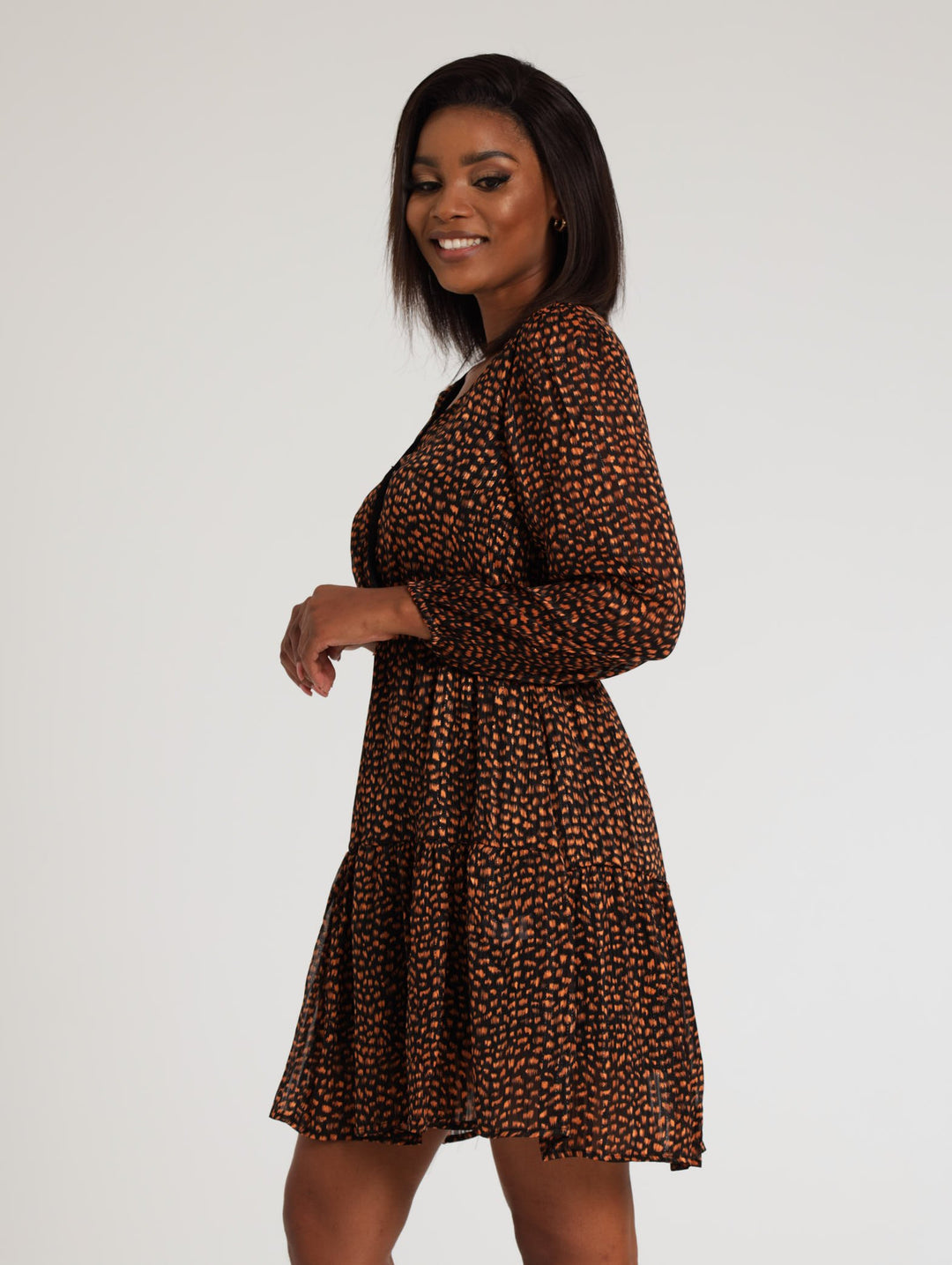 Ladies Wrap Waisted Tiered Tea Dress - Black