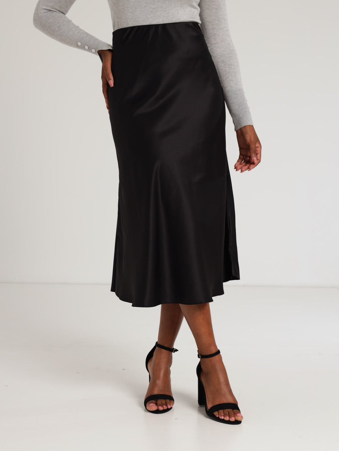 Ladies Bias Cut Satin Skirt - Black