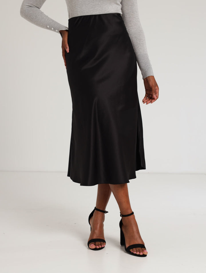 Ladies Bias Cut Satin Skirt - Black