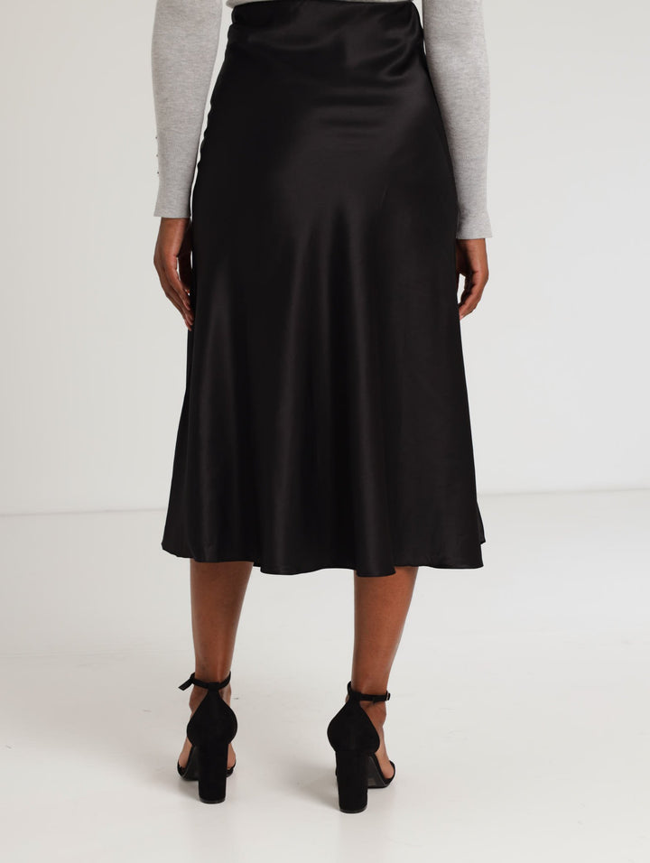 Ladies Bias Cut Satin Skirt - Black
