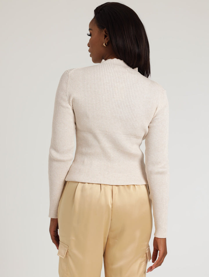 Ladies Long Sleeve Ribbed Turtleneck Pullover - Cream