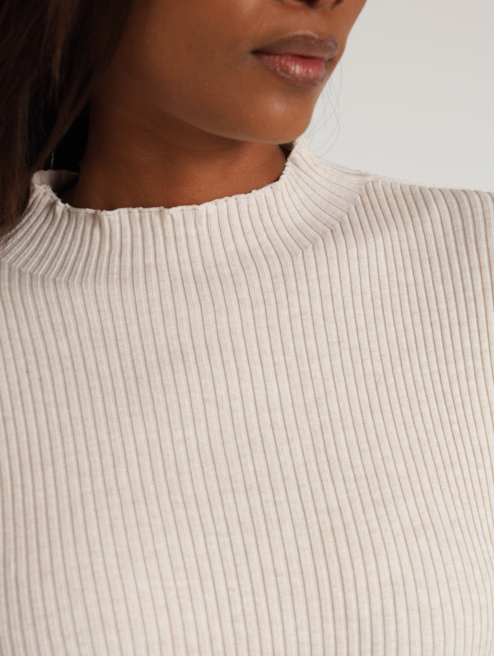 Ladies Long Sleeve Ribbed Turtleneck Pullover - Cream
