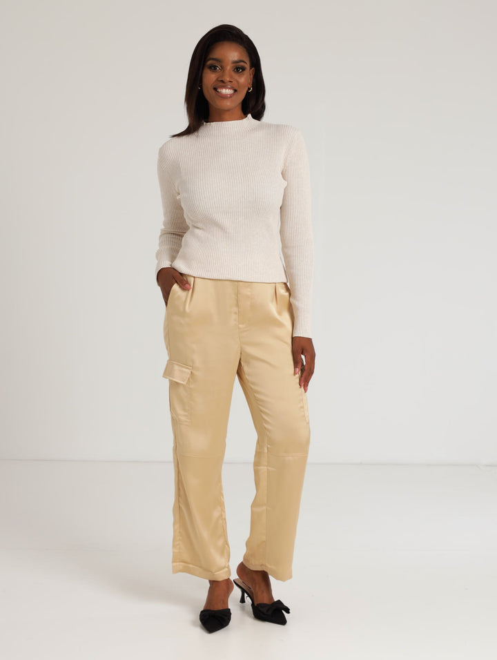 Ladies Long Sleeve Ribbed Turtleneck Pullover - Cream