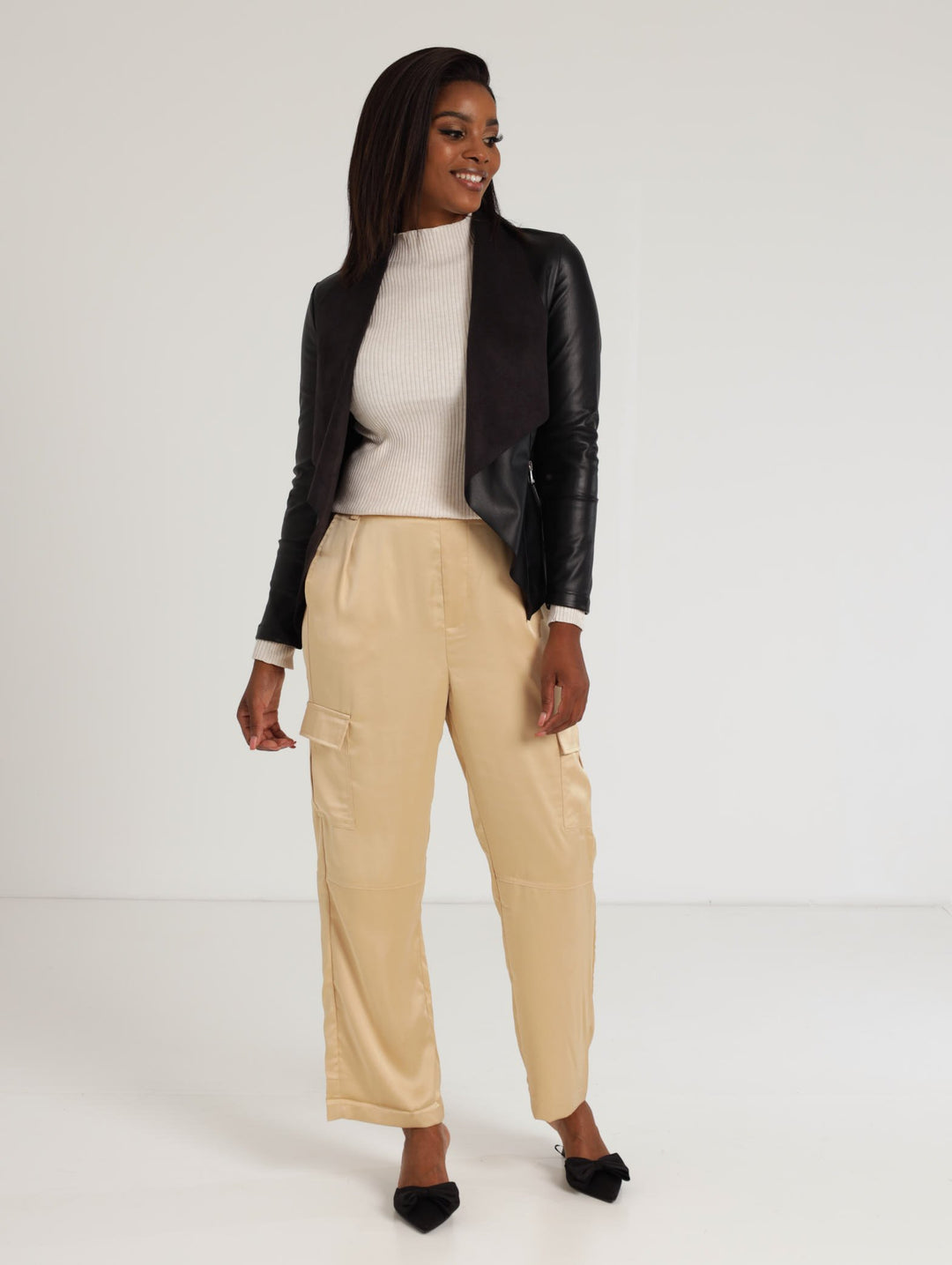 Ladies Faux Leather Waterfall Jacket - Black