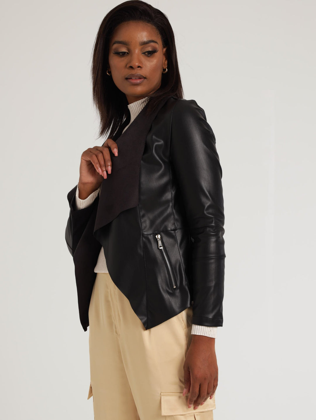 Ladies Faux Leather Waterfall Jacket - Black