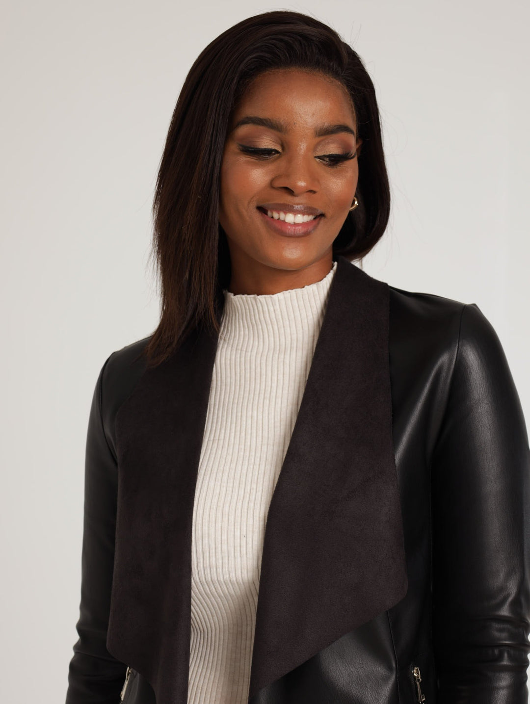 Ladies Faux Leather Waterfall Jacket - Black