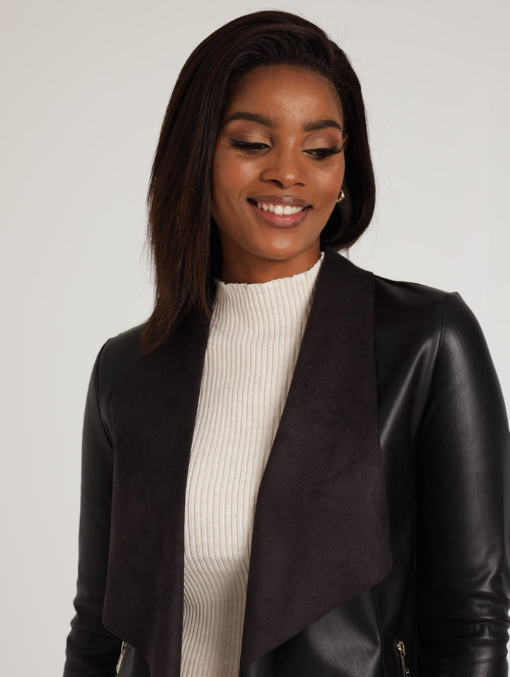 Ladies Faux Leather Waterfall Jacket - Black