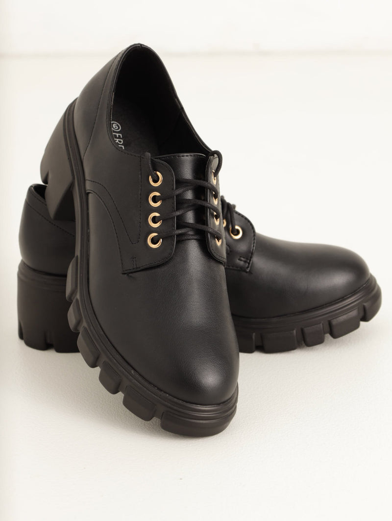Ladies Plain Oxford Lace-Up On Lug Sole - Black