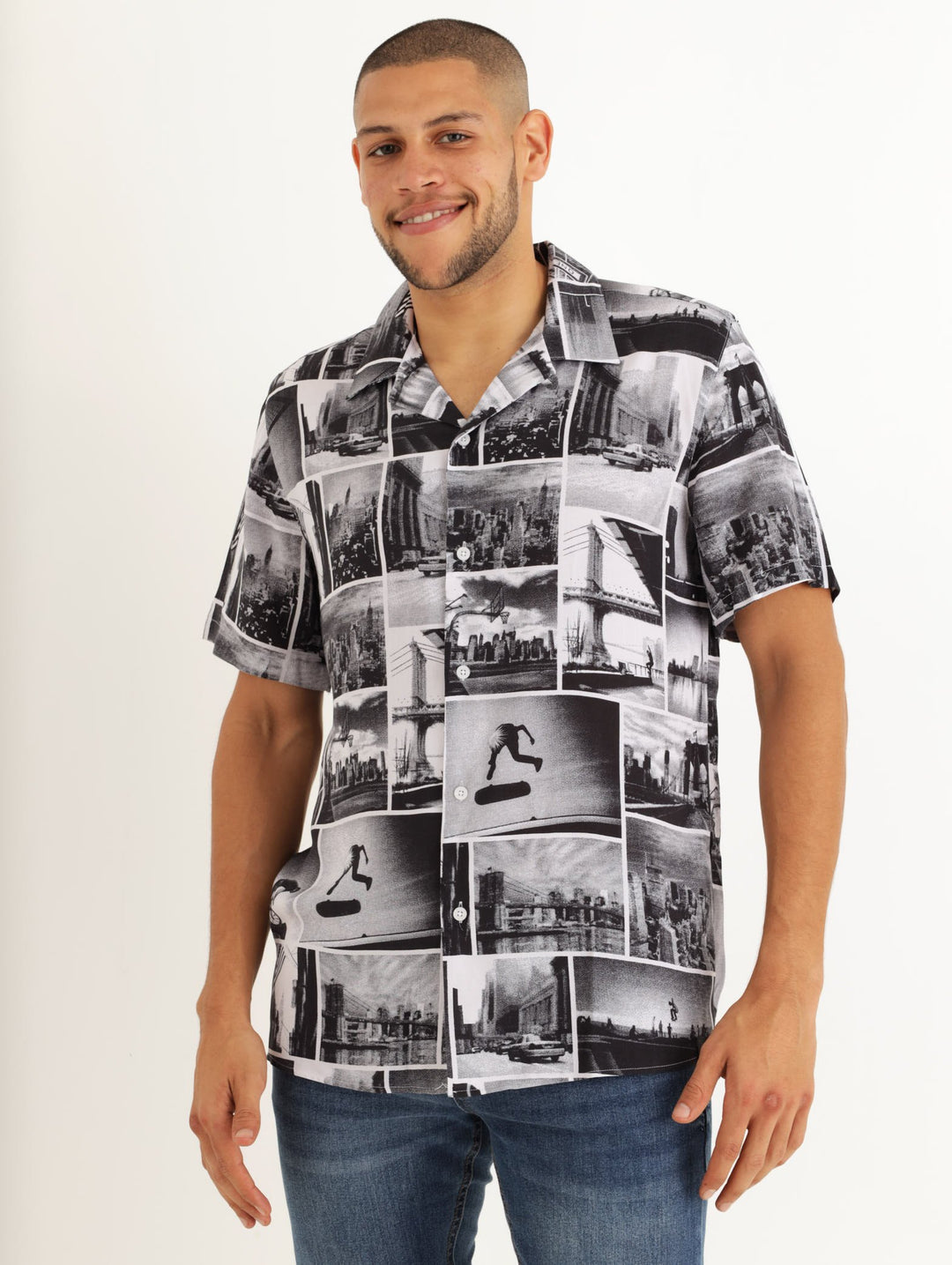 Men's New York Short Sleeve Loose Shirt - Black/White