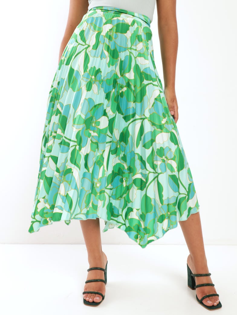 Ladies Asymmetric Printed Pleated Skirt