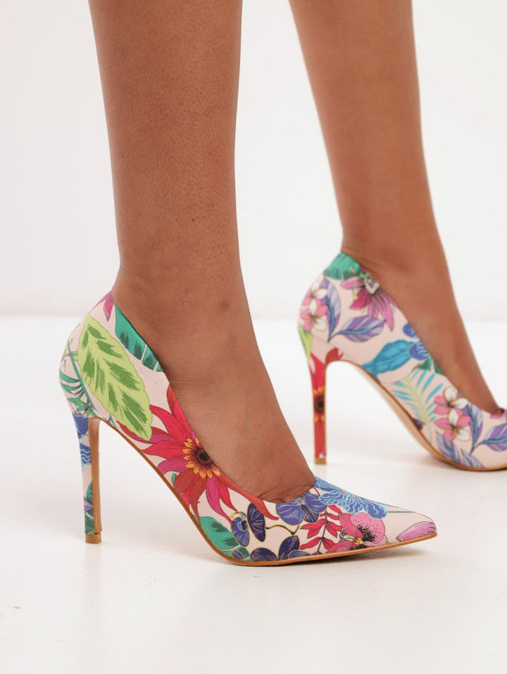 Ladies Garden Flower Printed Pointed Court Heel