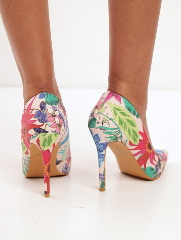 Ladies Garden Flower Printed Pointed Court Heel