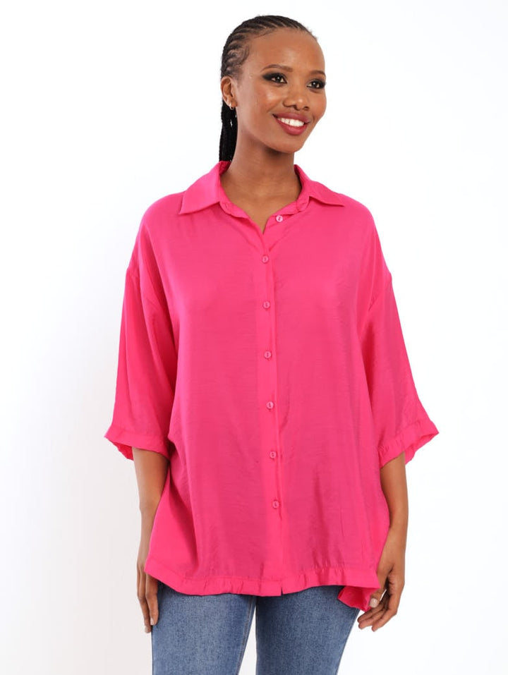 Ladies Oversized Satin Shirt - Magenta