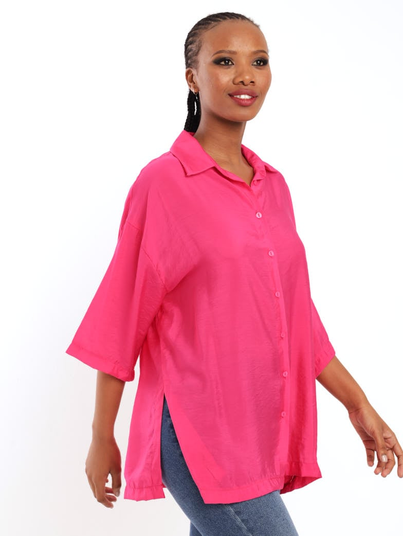 Ladies Oversized Satin Shirt - Magenta