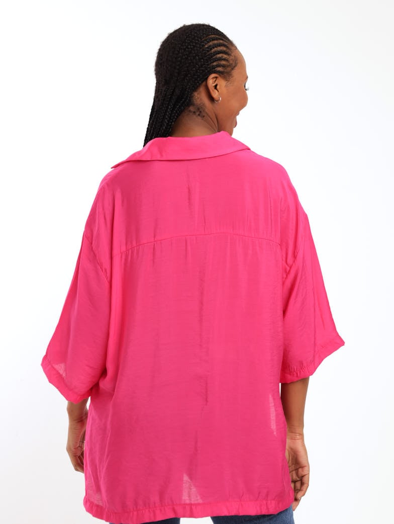 Ladies Oversized Satin Shirt - Magenta