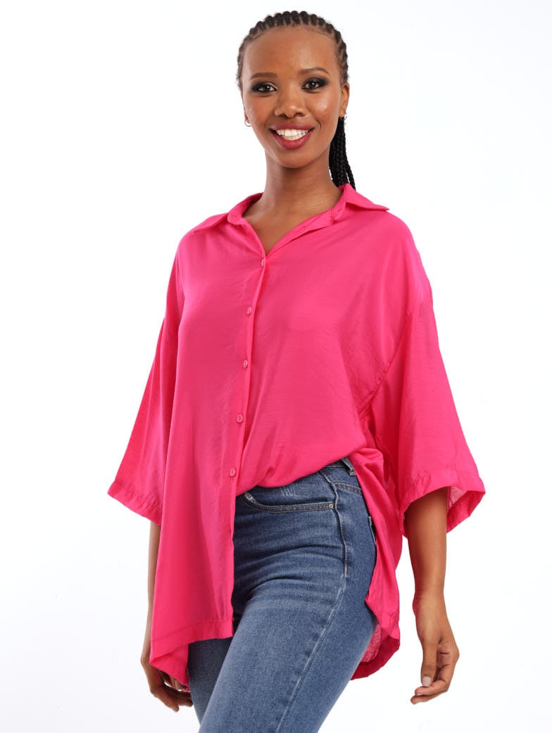 Ladies Oversized Satin Shirt - Magenta