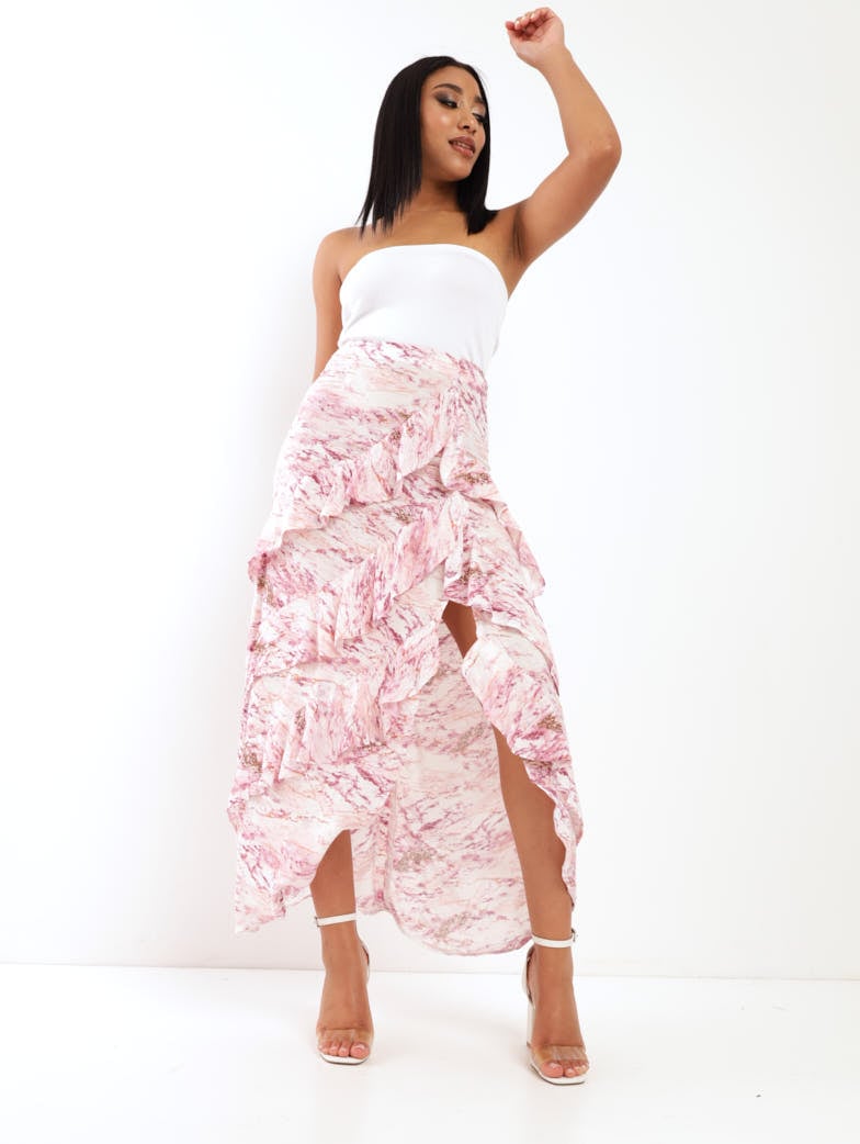 Ladies Split Front Frill Maxi Skirt