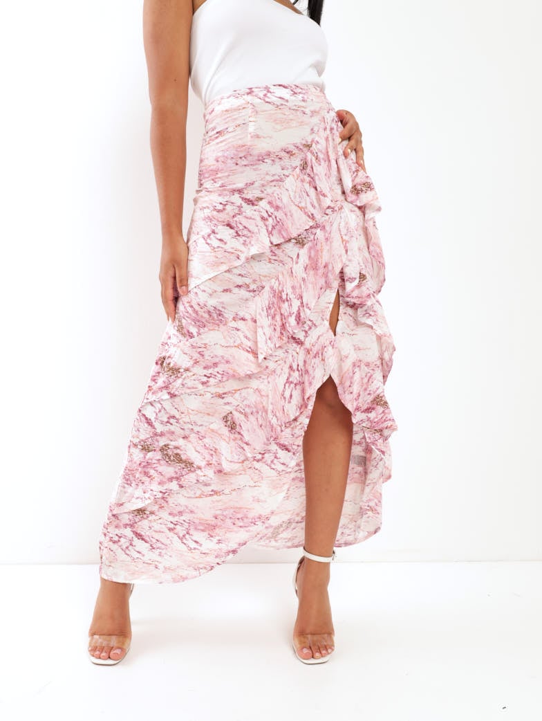 Ladies Split Front Frill Maxi Skirt