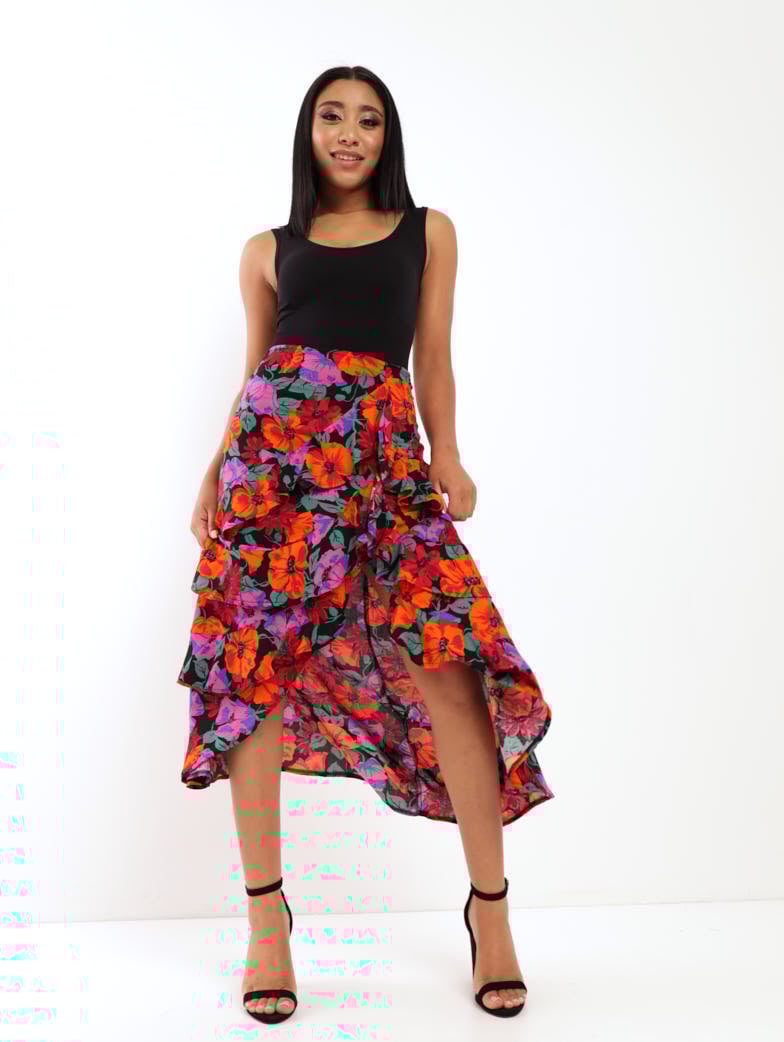 Ladies Split Front Frill Maxi Skirt - Floral