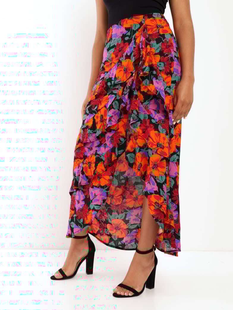 Ladies Split Front Frill Maxi Skirt - Floral