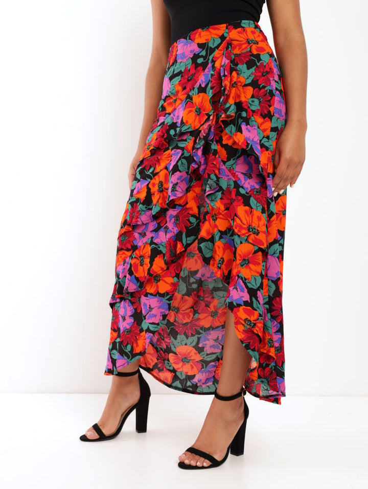 Ladies Split Front Frill Maxi Skirt - Floral