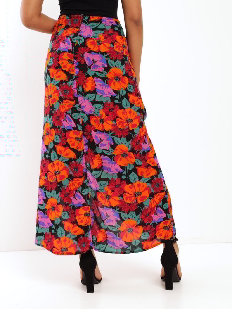 Ladies Split Front Frill Maxi Skirt - Floral