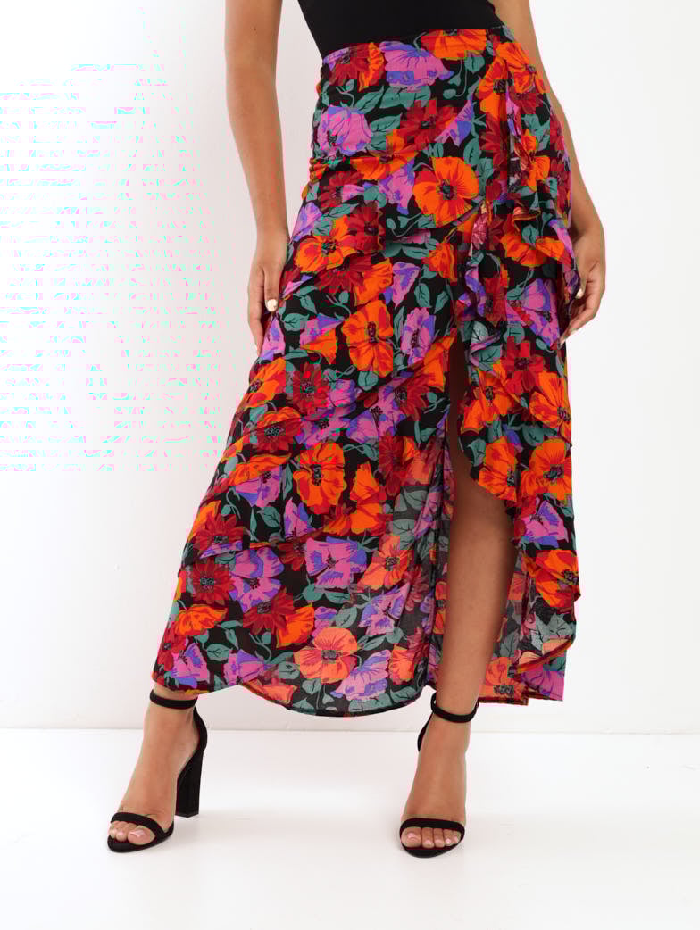 Ladies Split Front Frill Maxi Skirt - Floral