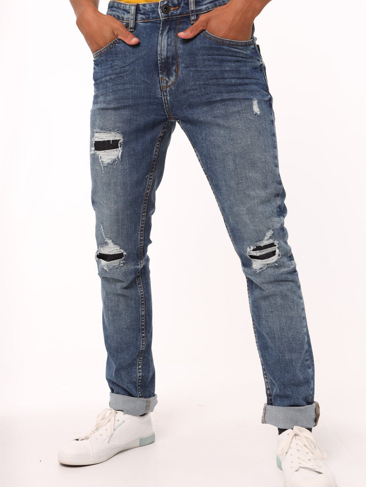 Men's Dark Blue Ripped Patched Slim Denim Jean