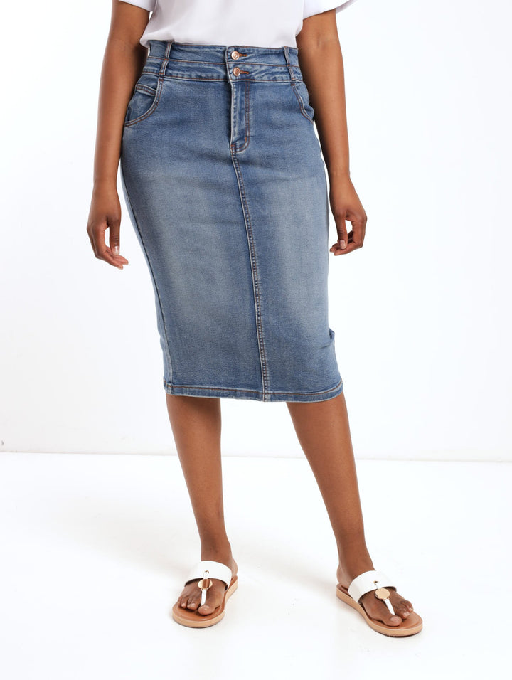 Ladies Double Waistband Denim Pencil Skirt - Dark Wash Ink