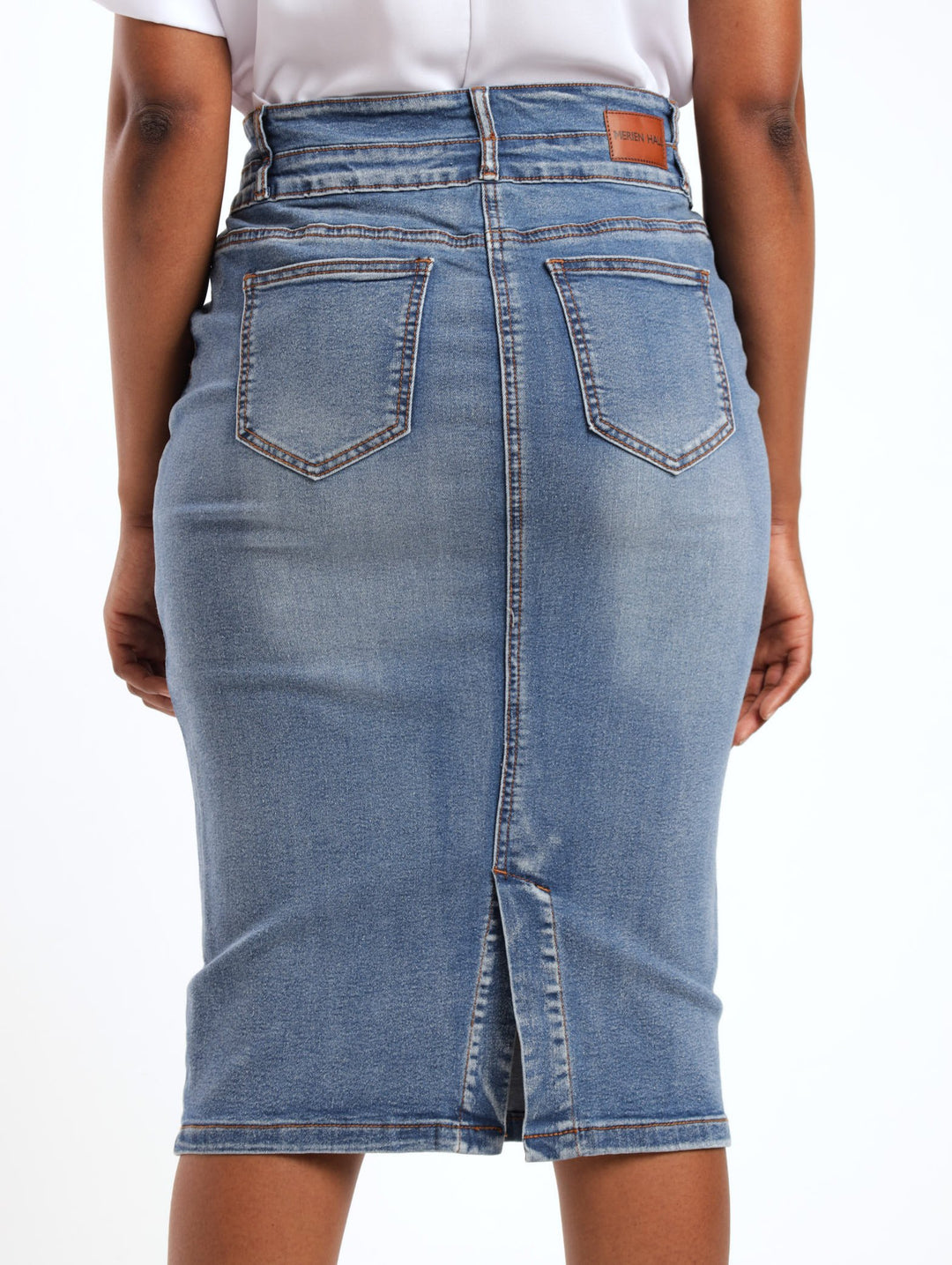 Ladies Double Waistband Denim Pencil Skirt - Dark Wash Ink