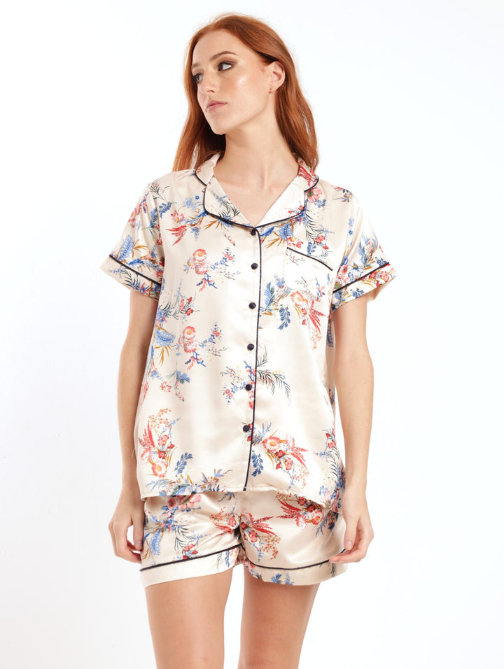 Ladies Floral Satin Sleepwear Set - Cream