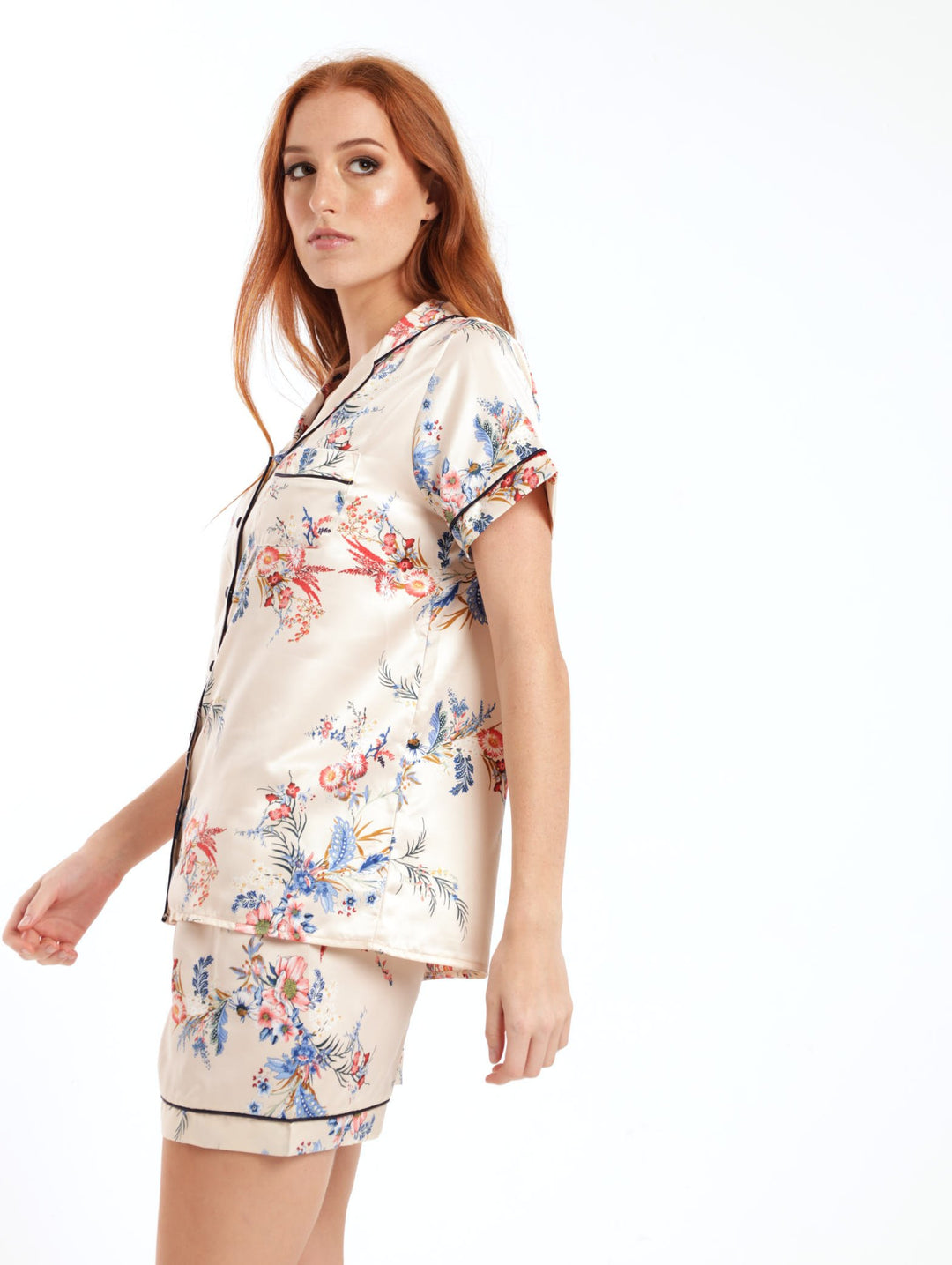 Ladies Floral Satin Sleepwear Set - Cream