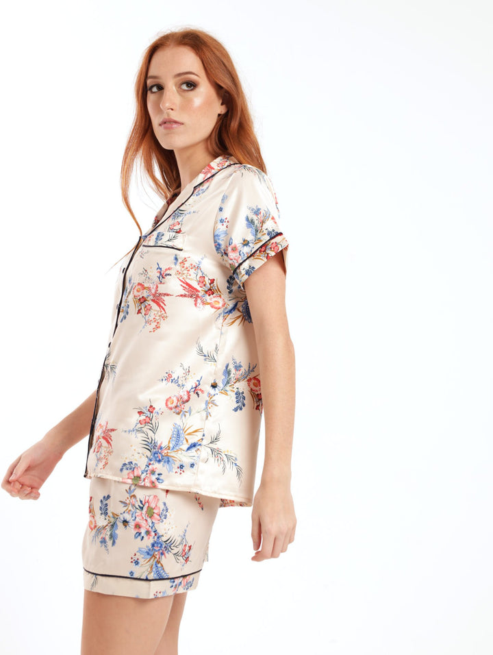 Ladies Floral Satin Sleepwear Set - Cream