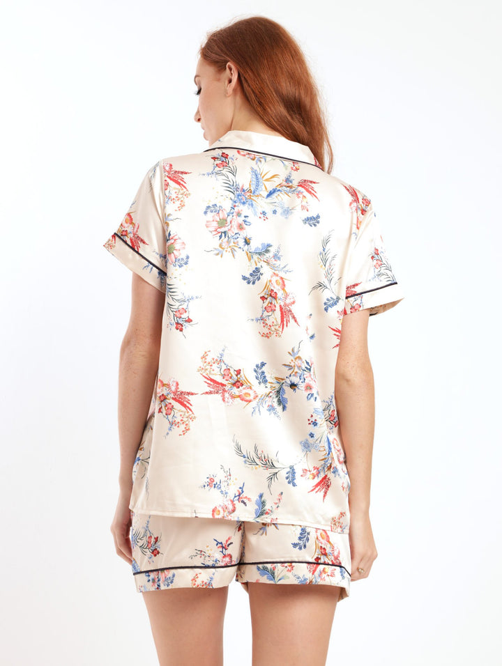 Ladies Floral Satin Sleepwear Set - Cream