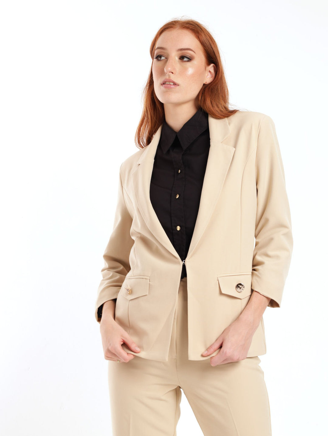 Ladies PV Ruched Sleeve Blazer - Stone