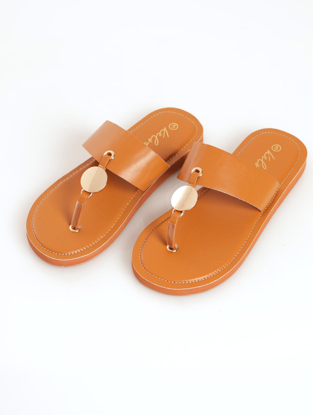 Ladies Circle Trim Thick Strap Thong Sandal - Tan