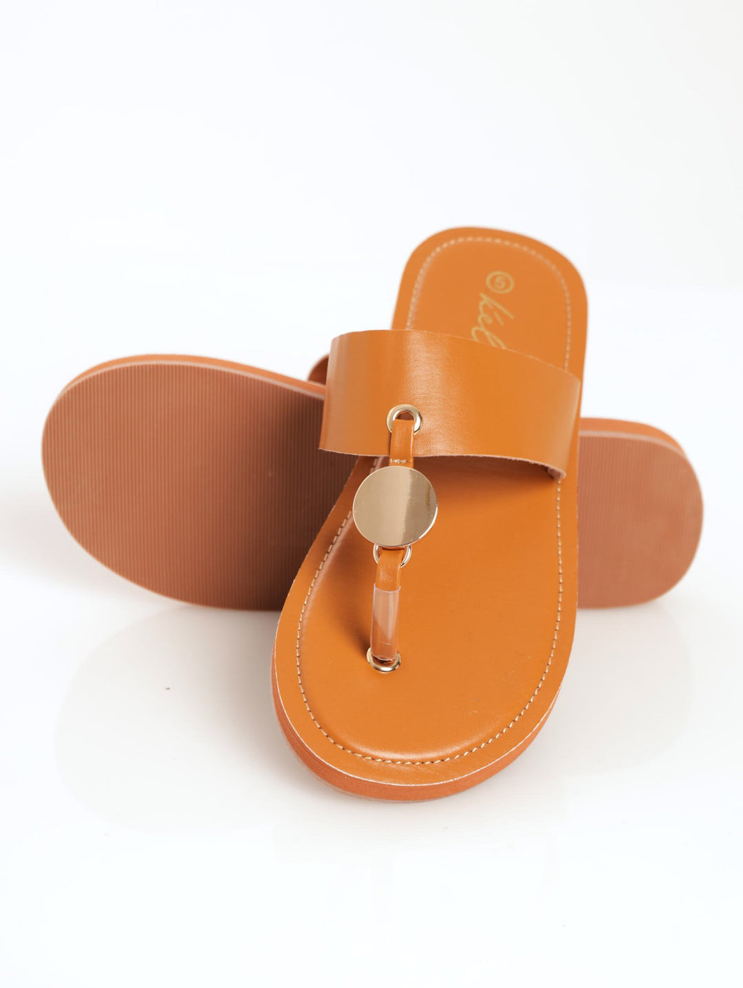 Ladies Circle Trim Thick Strap Thong Sandal - Tan
