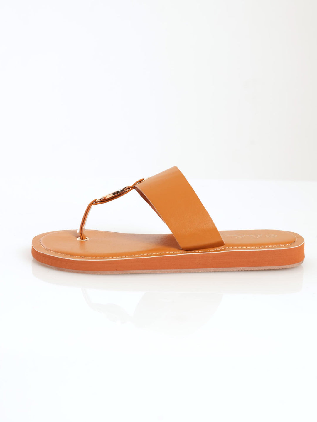 Ladies Circle Trim Thick Strap Thong Sandal - Tan
