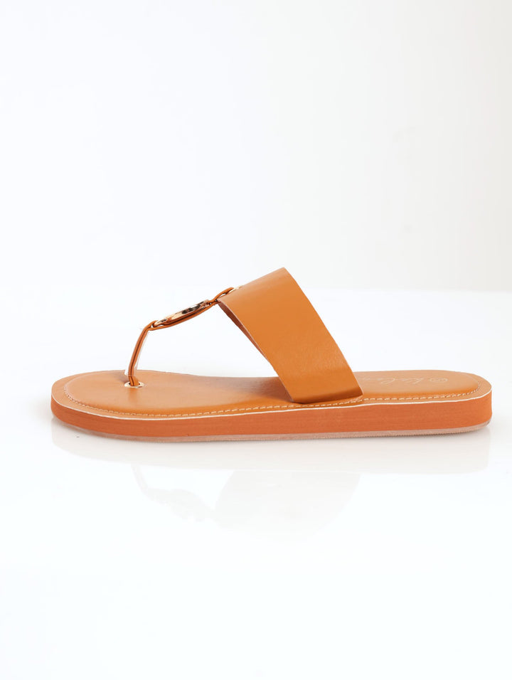 Ladies Circle Trim Thick Strap Thong Sandal - Tan