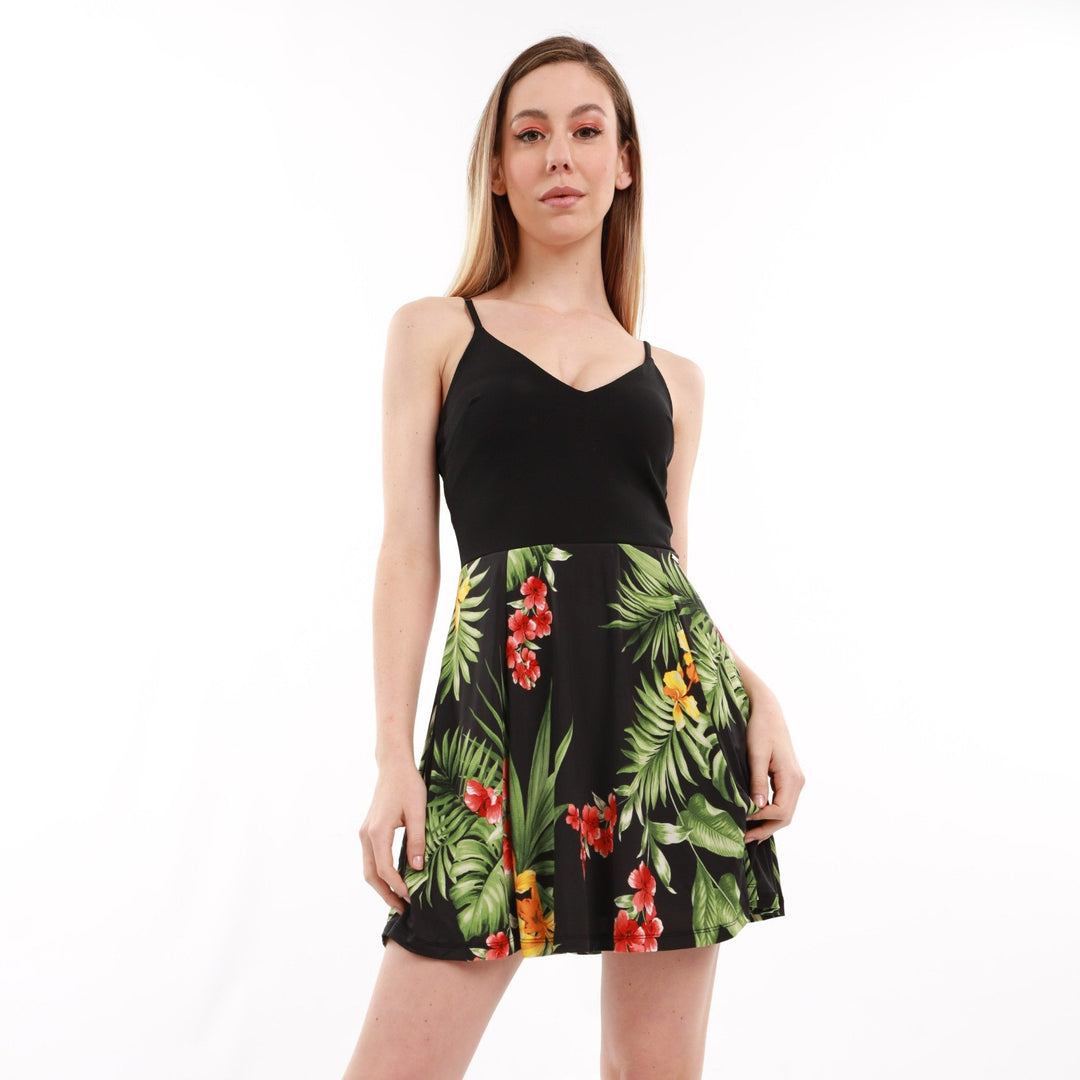 Ladies Scuba Tropical Skater Dress - Black
