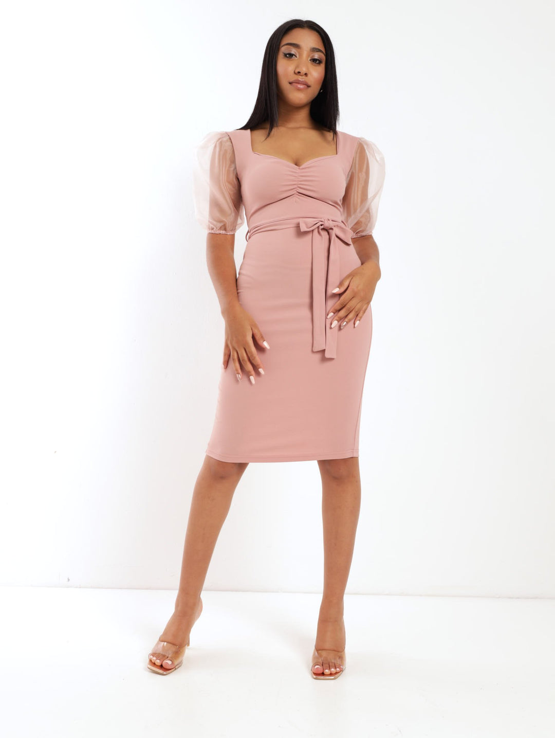 Ladies Short Sleeve Flower Applique Bodycon Dress - Dusty Pink