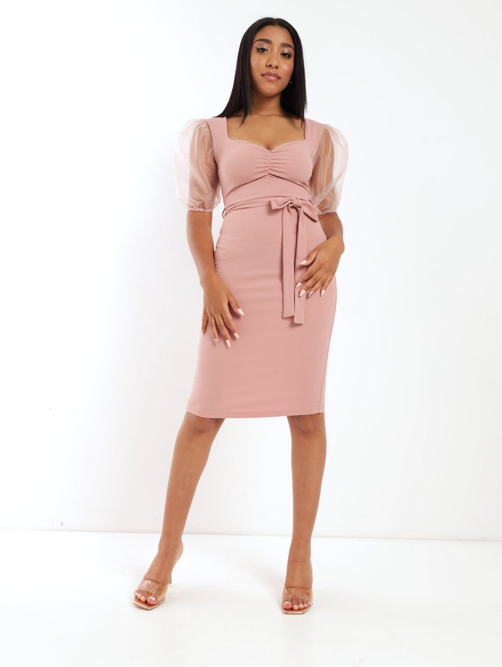 Ladies Short Sleeve Flower Applique Bodycon Dress - Dusty Pink