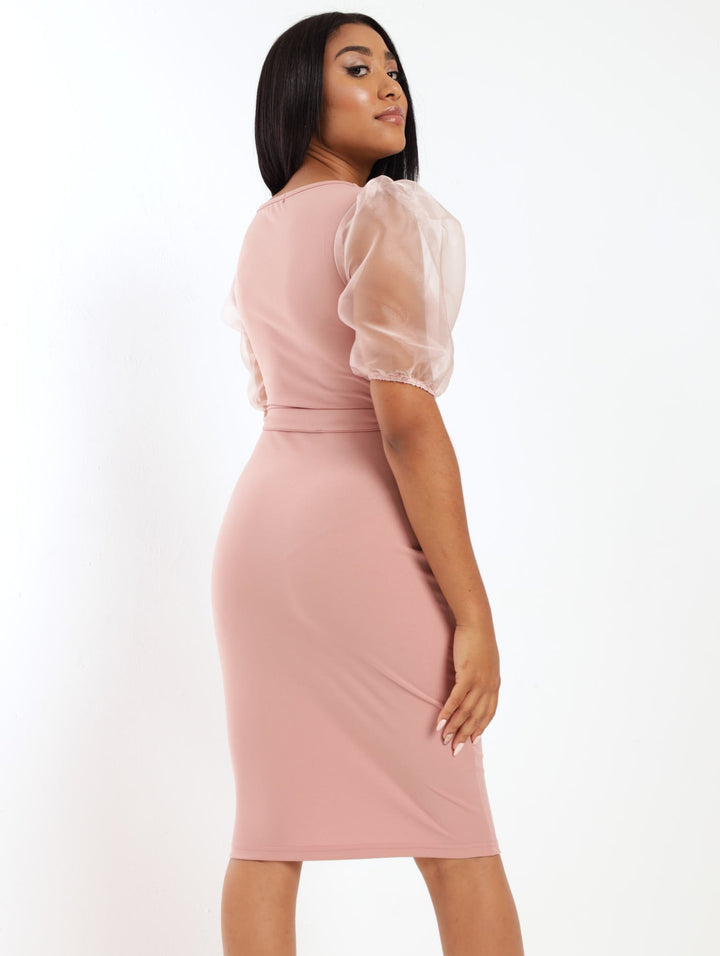 Ladies Short Sleeve Flower Applique Bodycon Dress - Dusty Pink