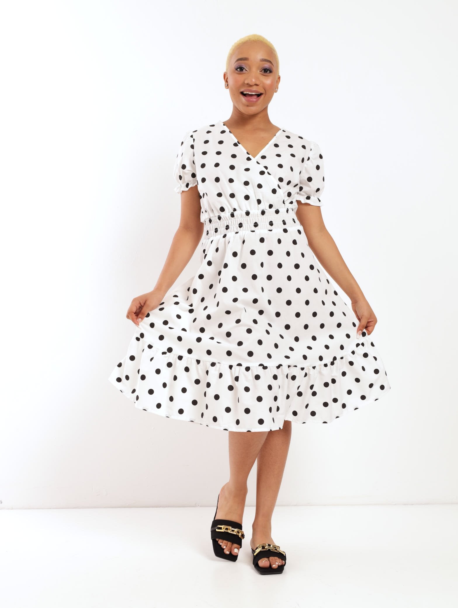 Ladies Shirred Waist Mini Dress - Black/White – Edgars