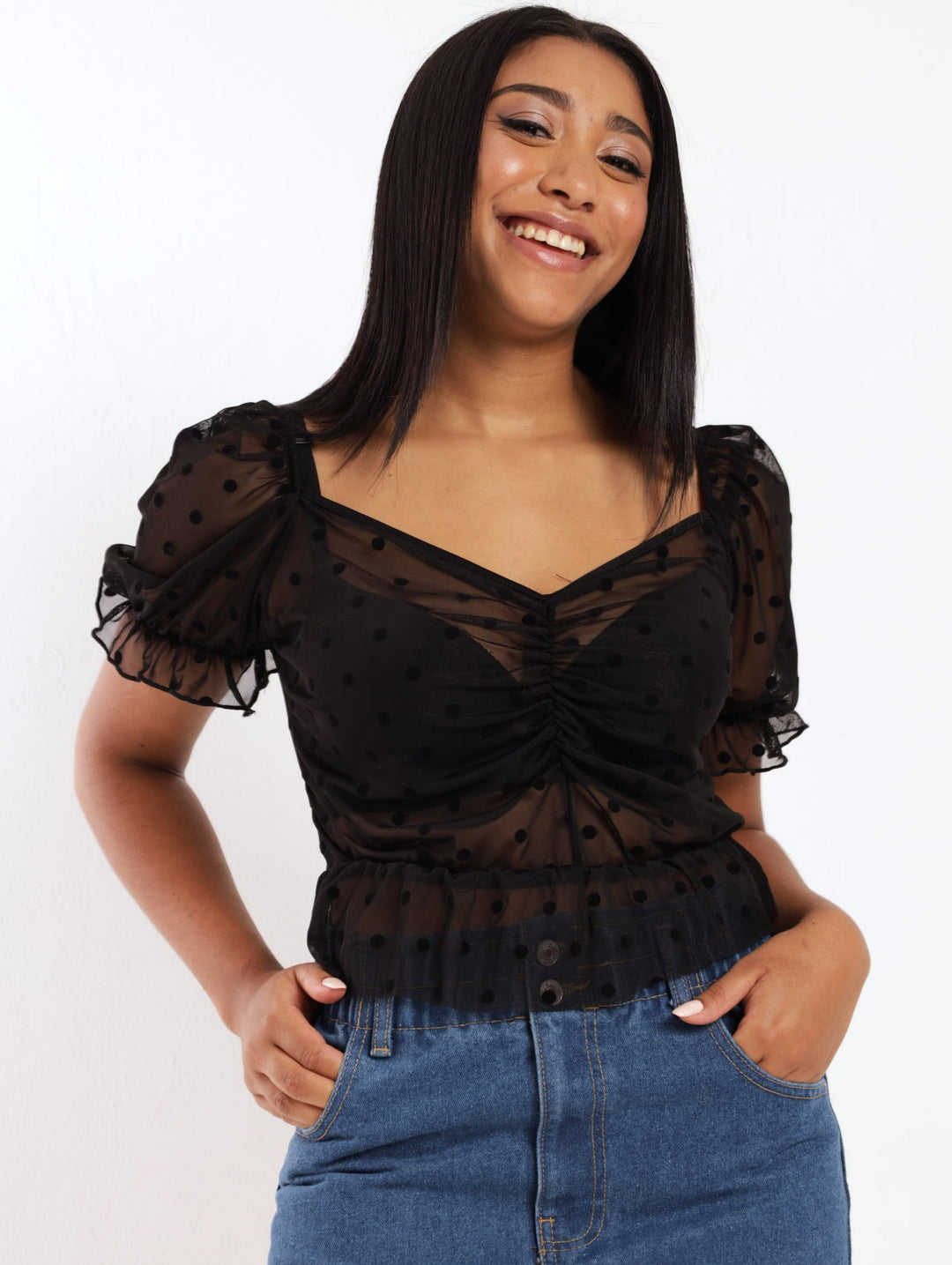 Ladies Spot Mesh Peplum Top - Black