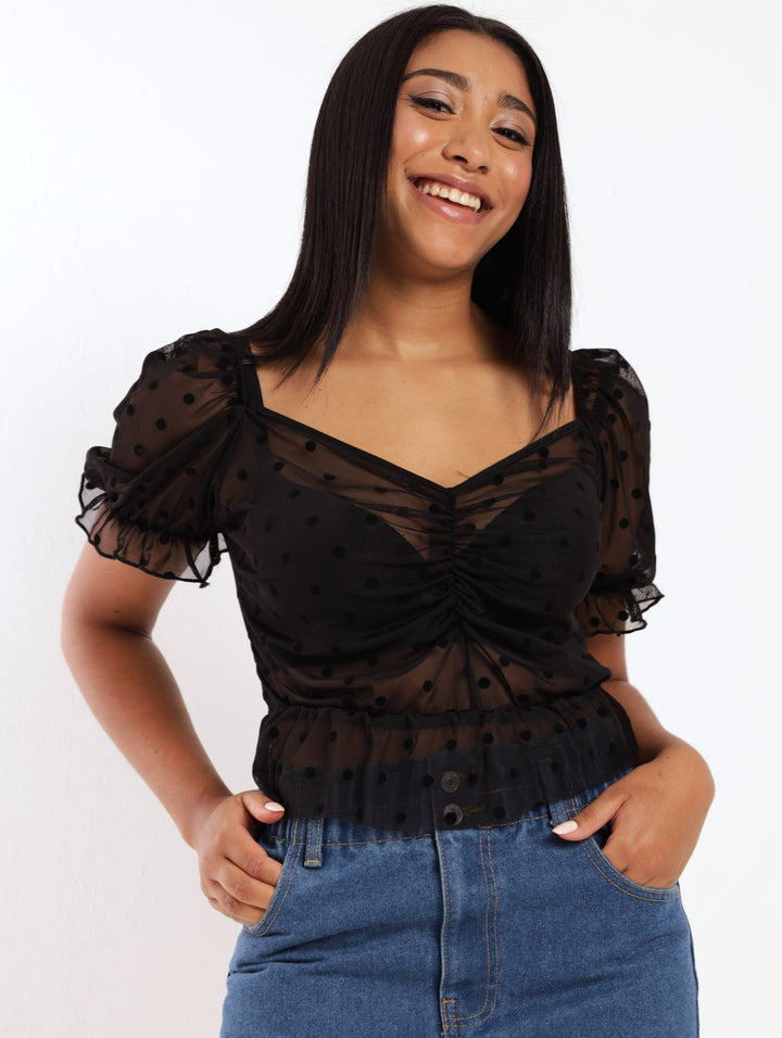 Ladies Spot Mesh Peplum Top - Black
