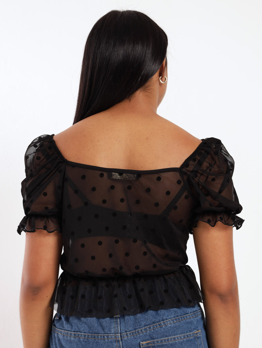 Ladies Spot Mesh Peplum Top - Black