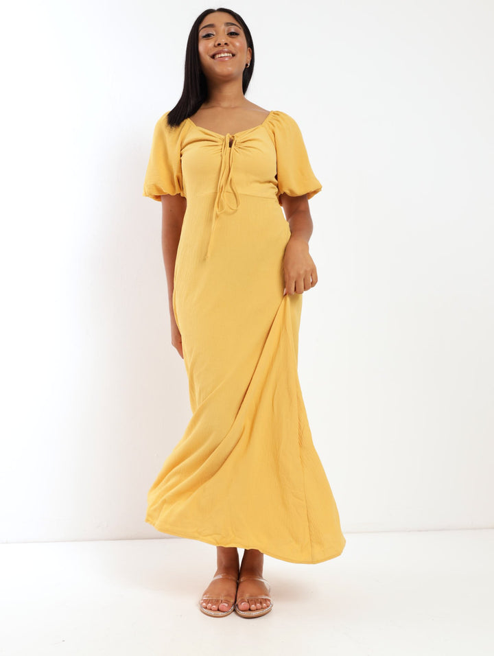 Ladies 3/4 Puff Sleeve Printed Tie Front Dress - Yellow