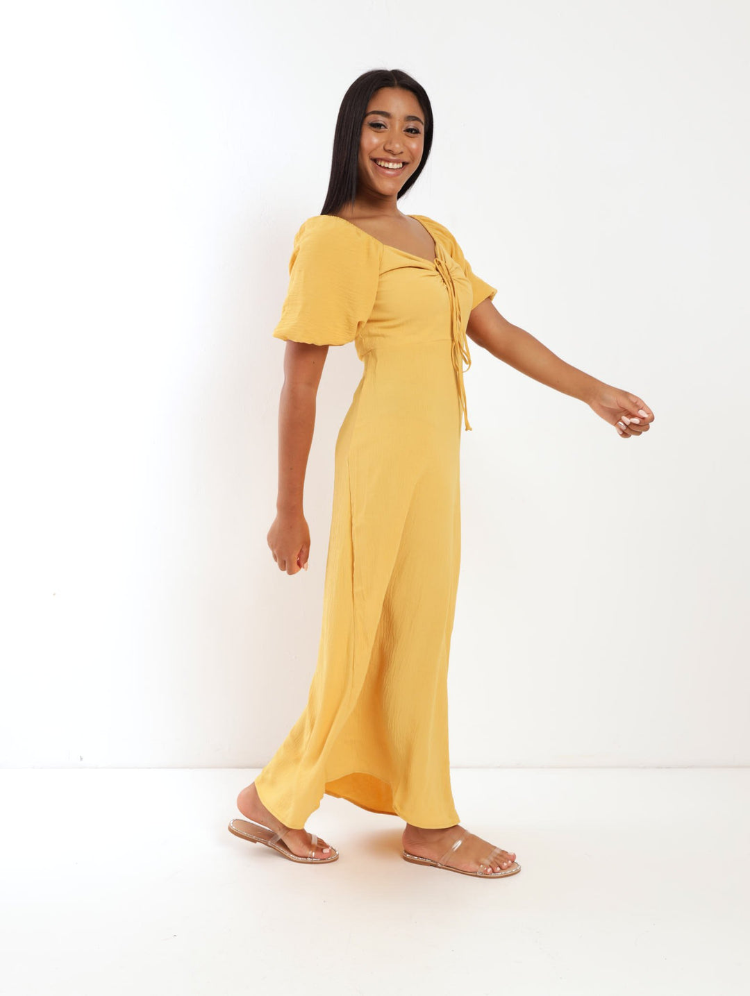 Ladies 3/4 Puff Sleeve Printed Tie Front Dress - Yellow